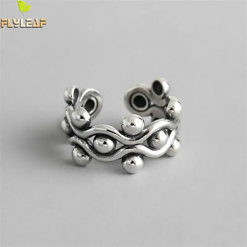 

Flyleaf Geometric Beads Wave Real 925 Sterling Silver Rings For Women High Quality Fine Jewelry Femme Open Ring Vintage Ins