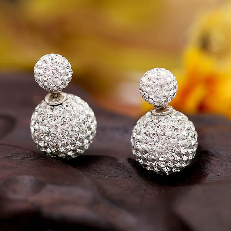 Real 925 Sterling Silver Earrings For Women Classic Double Beads Paved