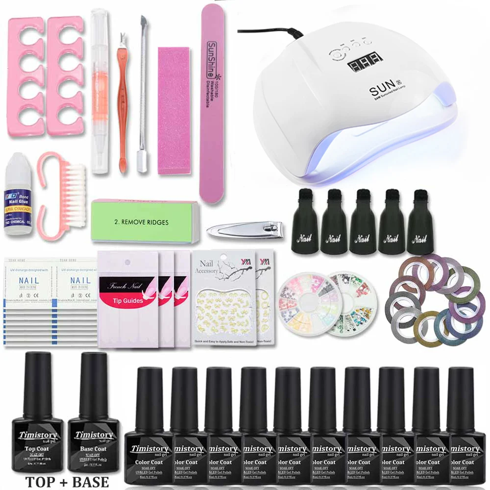 Набор для ногтей 54/48/40/36 Вт УФ лампа Сушилка с 10 шт. лак для ногтей Гель-лак 1Top 1 Базовое покрытие Маникюр продукты прочного гель Лаки Комплект гель-лаков для ногтей