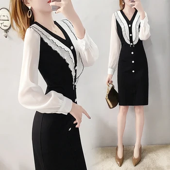 

2019 Spring New Stylish Stitching Dress For Women Vestido De Festa Office Lady Dress Elegant Ukraine Fashionable Midi Dress