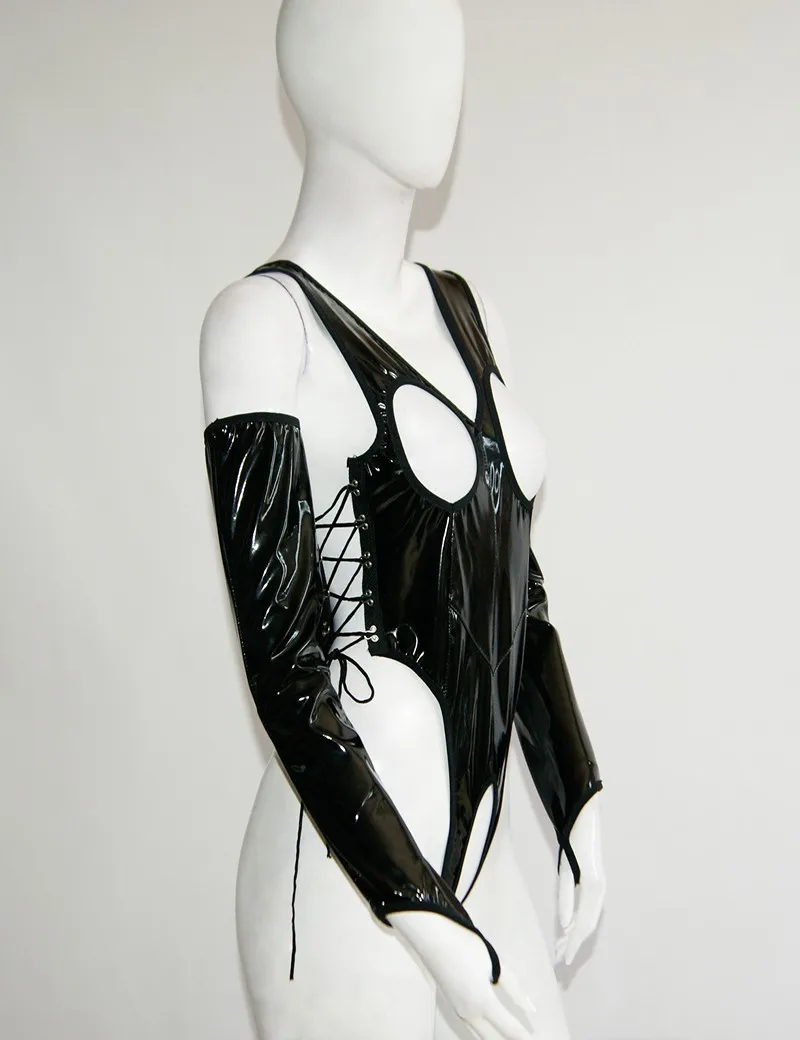  Fashion Black Women Sexy Leather Bodysuit Underwear PVC Teddy Lingerie S-XL W7019