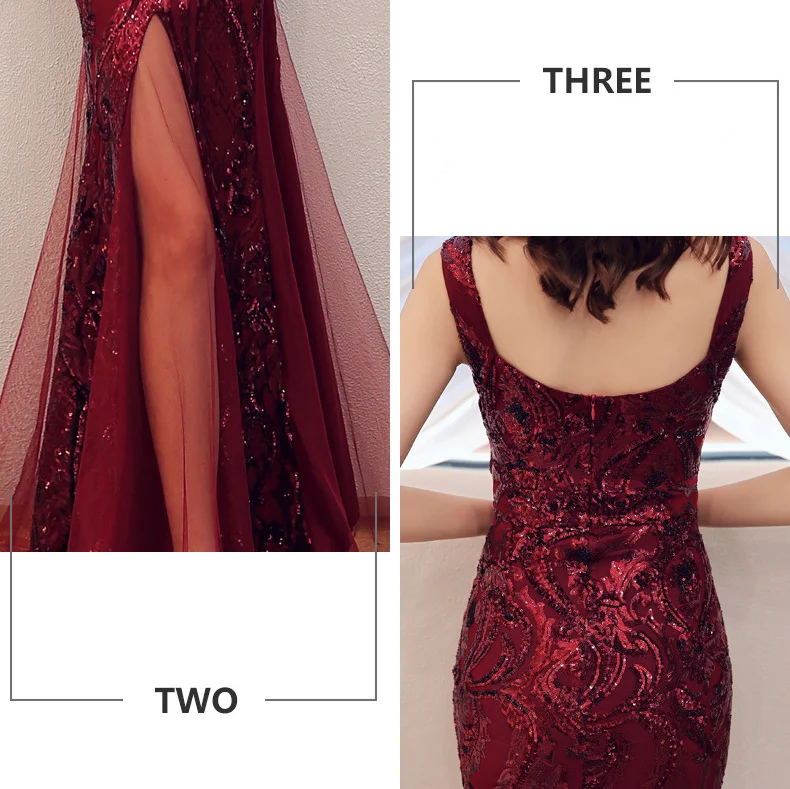 Beauty Emily Sling V Neck Burgundy Evening Dresses Sequins Rhinestones Pleated Lace Party Dress Split Prom Gowns robe de soiree