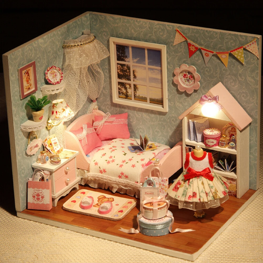 

Multi-Colored Miniature Dollhouse Adult Kids Toy Funny Assembling Model Kit DIY Handmade Wooden Doll House Toys With Furnitures