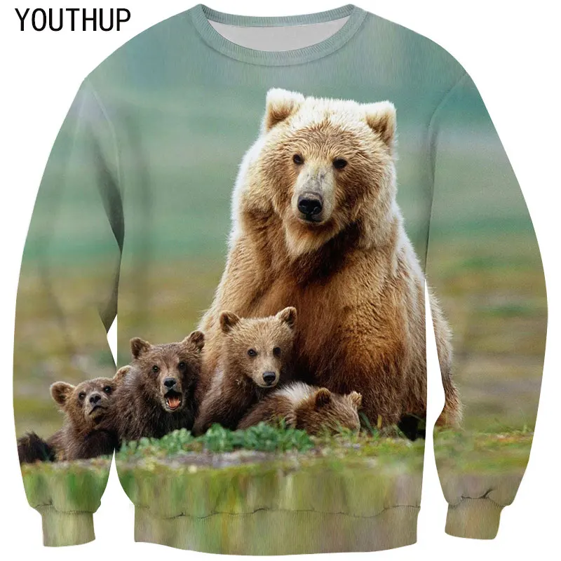 YOUTHUP Bear Printed Hoodies Men Digital Print Animals 3D