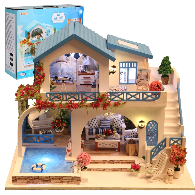 

DIY Doll House Miniature Scene Wooden Miniature Puzzle Toy DIY Dollhouse Furniture Toys for Children Christmas Gifts Blue Town