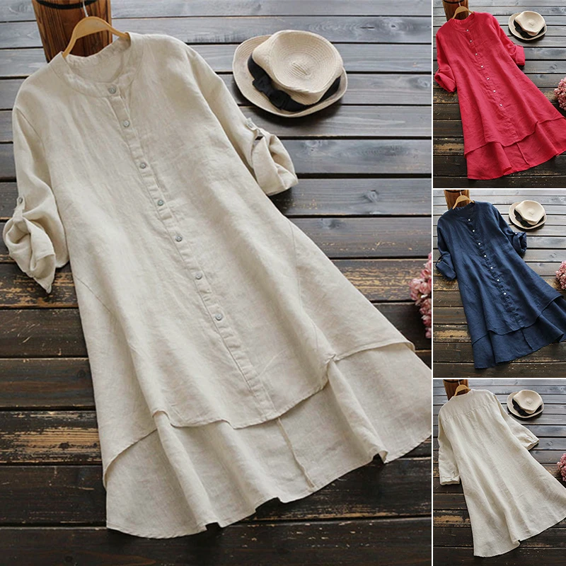 Винтажная льняная рубашка ZANZEA Женская Асимметричная блузка женская мини Vestidos рубашки на пуговицах топы размера плюс женская одежда