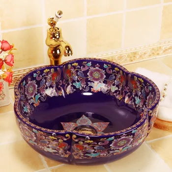 

China Artistic Handmade Ceramic wash basin Lavobo flower shape Countertop bathroom sinks bowl porcelain wash basin blue