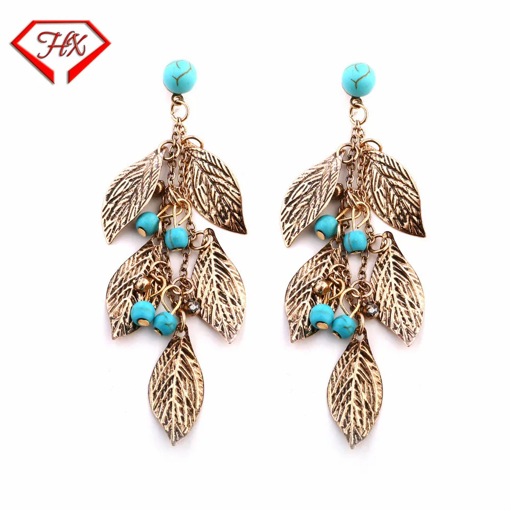 HX tassels ladies earrings bohemian tassels natural stone floral leaves