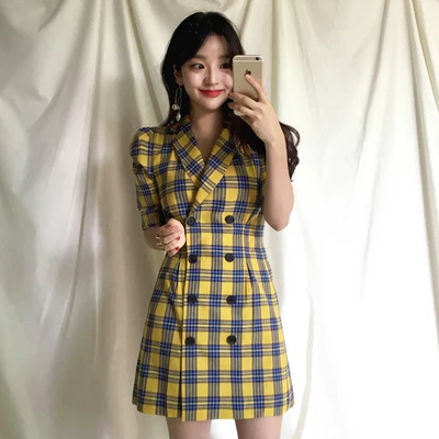 RUGOD Корейская клетчатая туника женское платье модное шикарное двубортное мини-платье трапециевидной формы Офисная Женская одежда элегантное женское платье - Цвет: Цвет: желтый