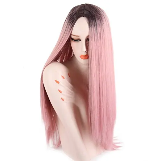 Deyngs 30inch Long Straight Ombre Light Pink Synthetic Wigs for BlackWhite Women Middle Part Wigs Dark Roots Heat Resistant Wig (4)