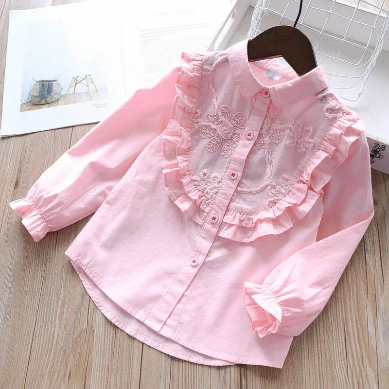 Весенняя Блузка для девочек; белая кружевная Детская рубашка с длинными рукавами и оборками; Модная одежда для девочек; школьная рубашка; топ для девочек; Y1