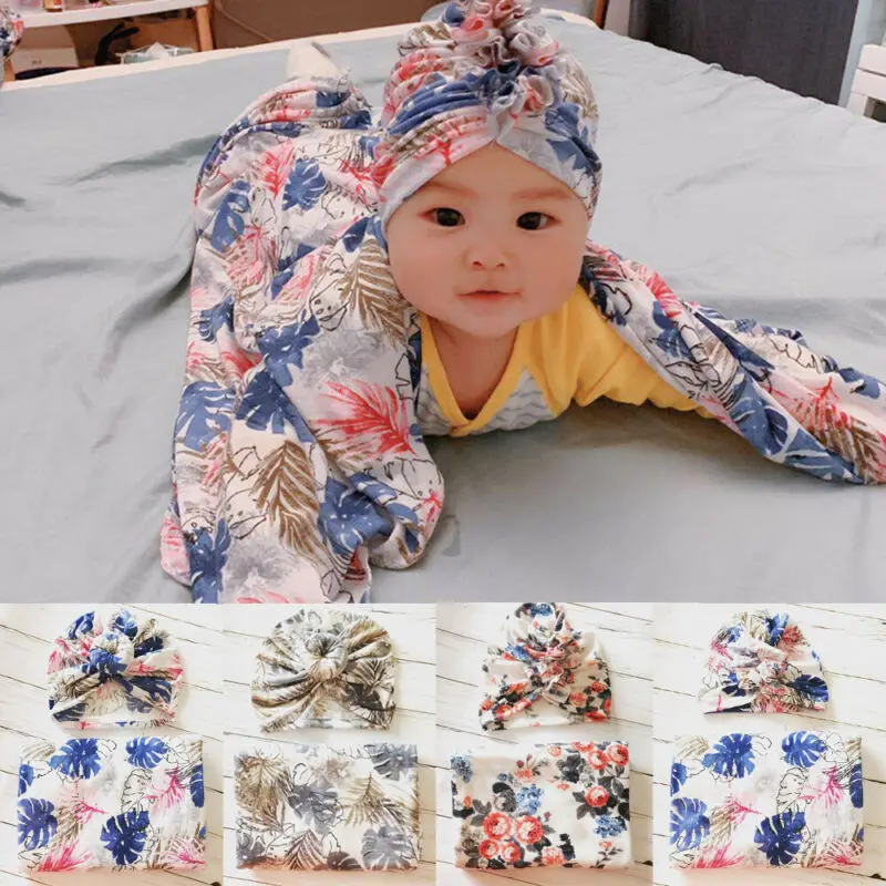 

Infant Baby Floral Print Swaddle Blanket Warm Sleep Muslin Wrap+Hat Newest Hot Winter Warmer Wool Fur Ball Knitted Cotton Hat