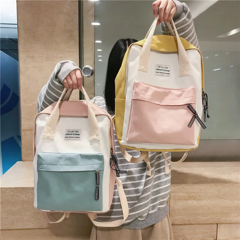 

Small fresh canvas spell color art portable schoolbag new Korean version backpack