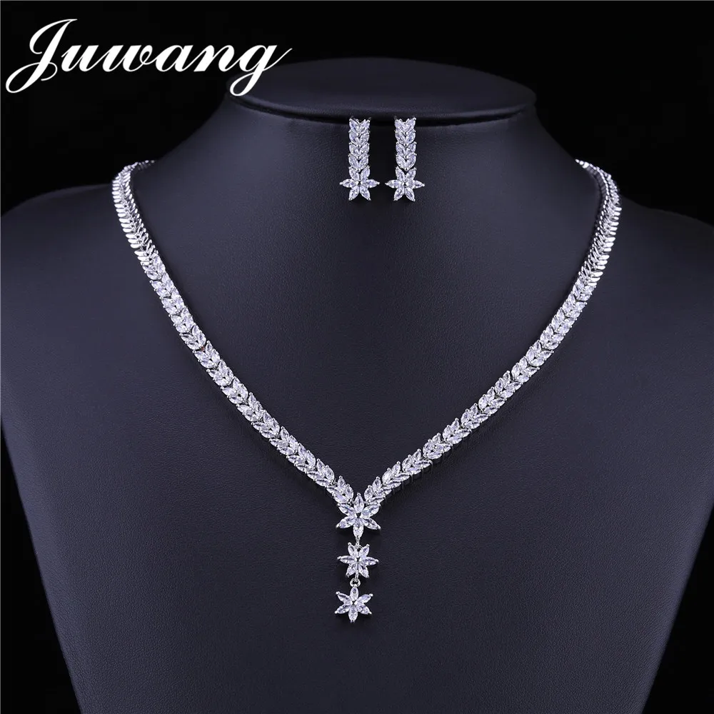 style 18 JUWANG, красные роскошные женские свадебные ожерелья, серьги, кольцо ювелирные изделия для невесты, набор, серебристый цвет ААА, циркон, кристалл, Подарок на годовщину - Metal color: style 18