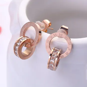 

Bilincolor fashion trendy rose gold stainless steel with roman numerals round cubic zirconia n small stud earrings for women