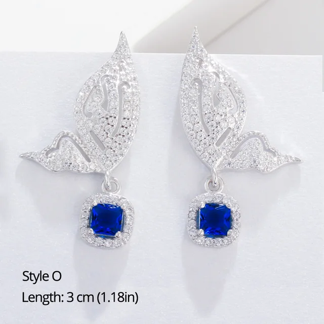 BeaQueen Leaf Flower Teardrop Cubic Zircon Royal Jewellery Big Dark Blue CZ Crystal Long Dangle Wedding Earrings for Women E293 Style O