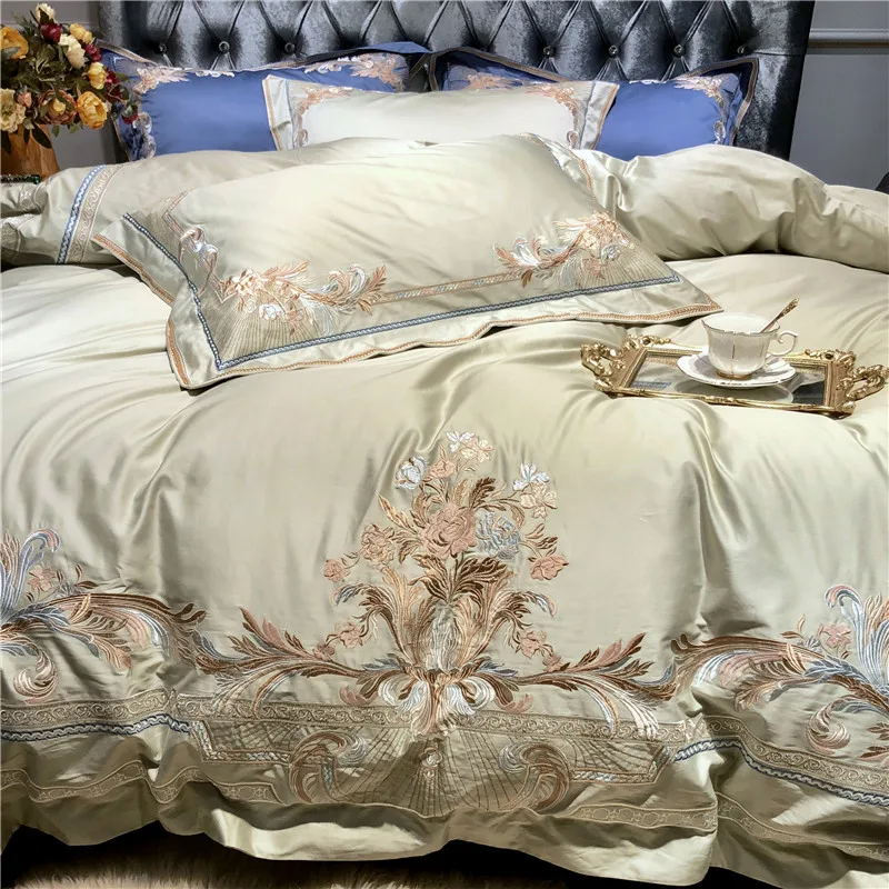 Best Champagne Blue White Luxury Royal Embroidery 100S Egyptian Cotton Palace Bedding Set Duvet Cover Bed sheet/Linen Pillowcases 22
