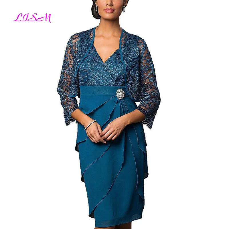 

V-neck Glitter Lace Formal Evening Mother of the Bride Crepe Dress with Jacket Elegant Applique Chiffon Knee Length Party Gowns