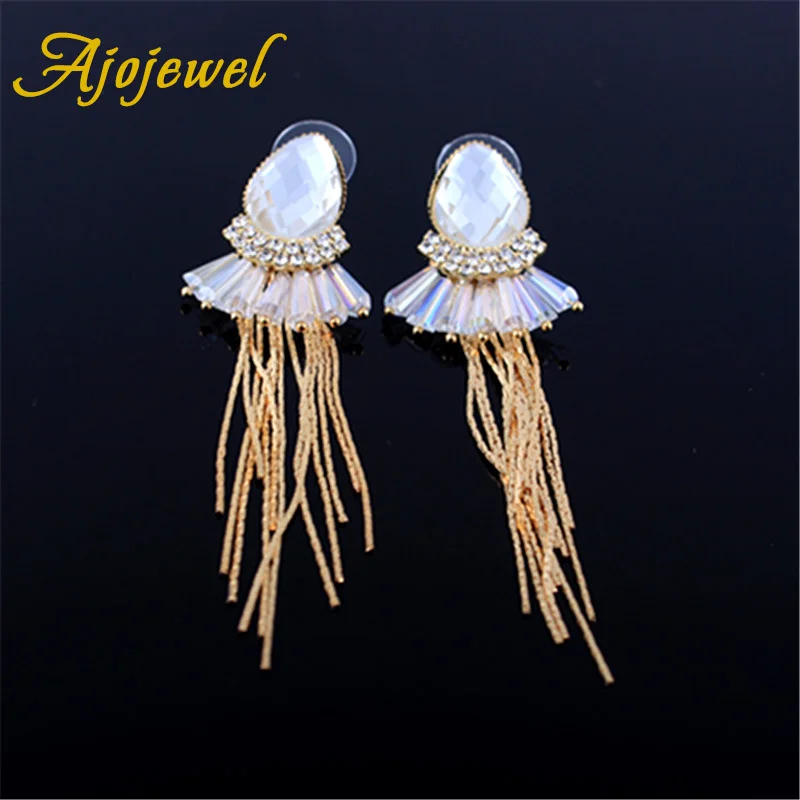 Женские длинные серьги-подвески с кристаллами и кисточками | Украшения