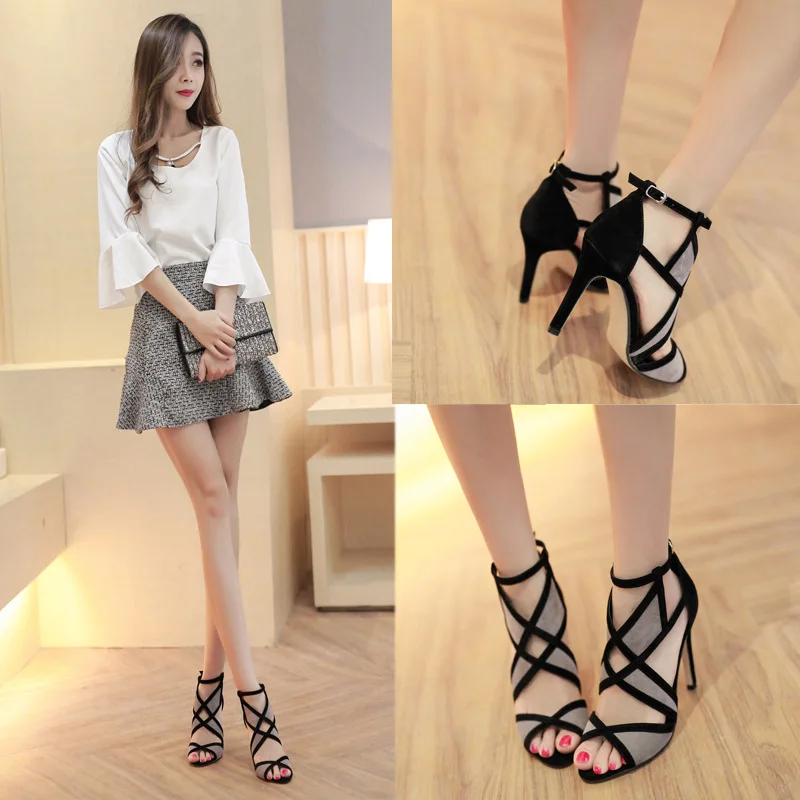 Fish mouth shoes female summer sexy high-heeled fight color wild cross strap 2019 new hollow exposed toe fine with Fish mouth shoes female summer sexy high-heeled fight color wild cross strap 2019 new hollow exposed toe fine with