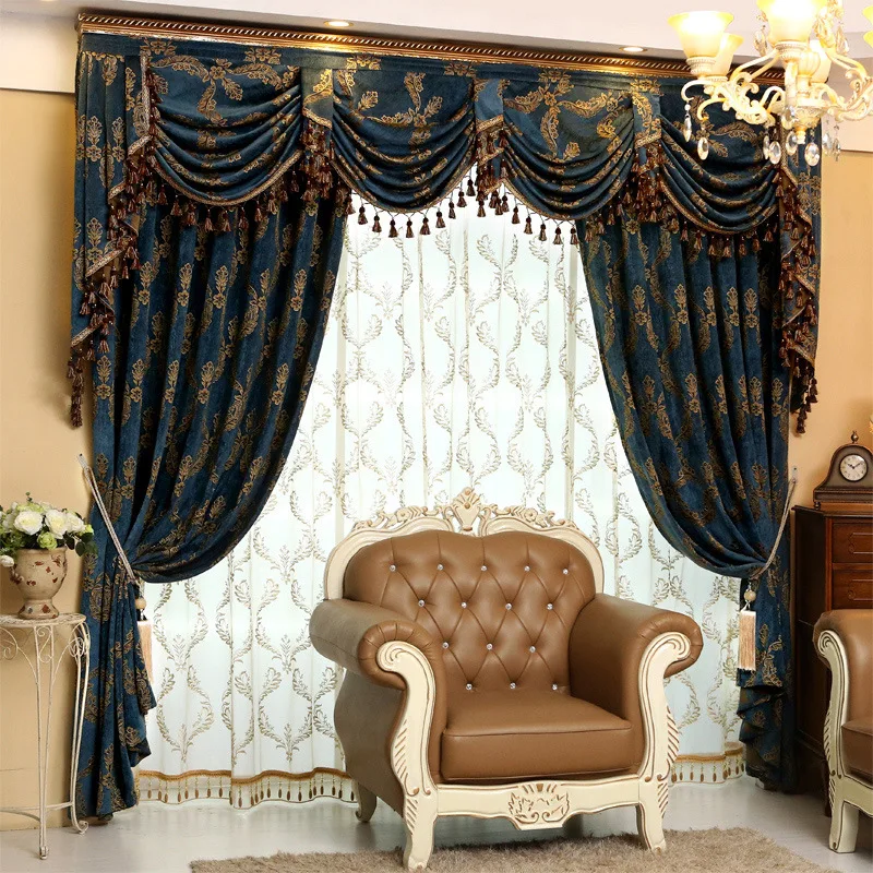

Luxury Curtains Bedroom Fabric Thickening European Curtains Tulle Jacquard Chenille Brown Valance Curtains for Living Room
