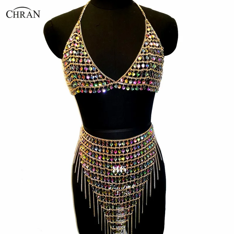 Chran AB Fringe Skirt Bra Set EDM Party Chain Shoulder Necklace Rave Bralete Festival Dress Costume Wear Ibiza Jewelry CRS426 Chran AB Fringe Skirt Bra Set EDM Party Chain Shoulder Necklace Rave Bralete Festival Dress Costume Wear Ibiza Jewelry CRS426