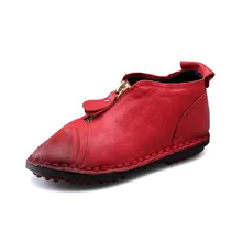 High Quality Handmade Genuine Leather Flat Shoes Women Vintage Zip Casual Ladies Shoes Round Toe Soft Leather Shoes Women TG043