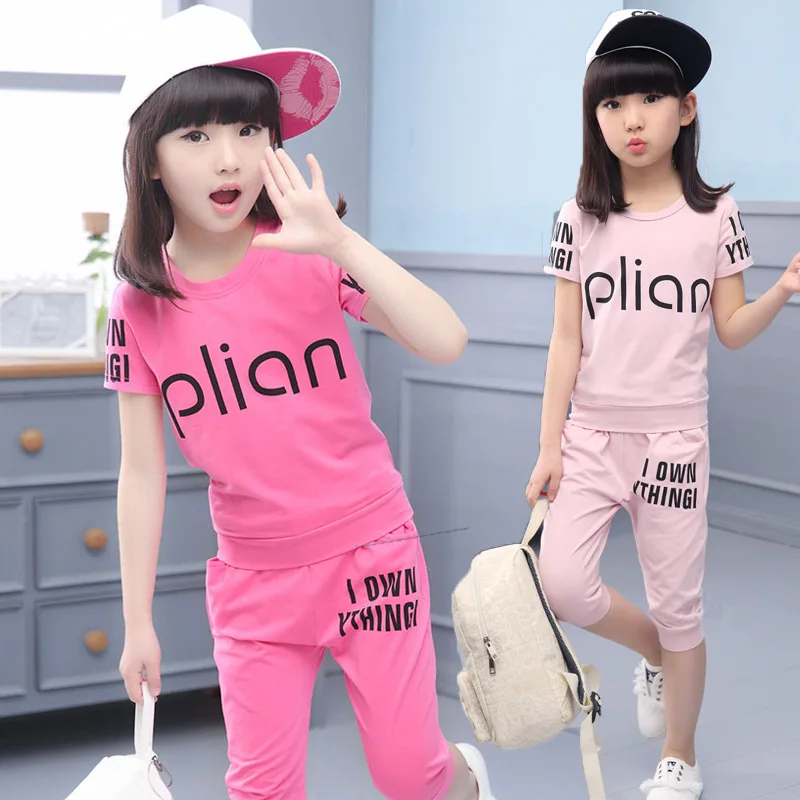 Модный комплект летней детской одежды, комплекты одежды для девочек повседневный комплект с топом с короткими рукавами, розовый/красный