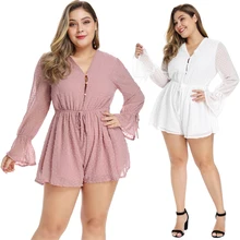 Plus Size XL-4XL Polka Dot Flare Long Sleeve Bohemian Playsuit Pink White Summer OverallsFor Women Lace Up Short Jumpsuit Romper Plus Size XL-4XL Polka Dot Flare Long Sleeve Bohemian Playsuit Pink White Summer OverallsFor Women Lace Up Short Jumpsuit Romper