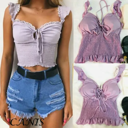 

2019 Women Sweet Casual Camis Purple Sleeveless Chest Tie Up Heart Camis Summer Crop Top