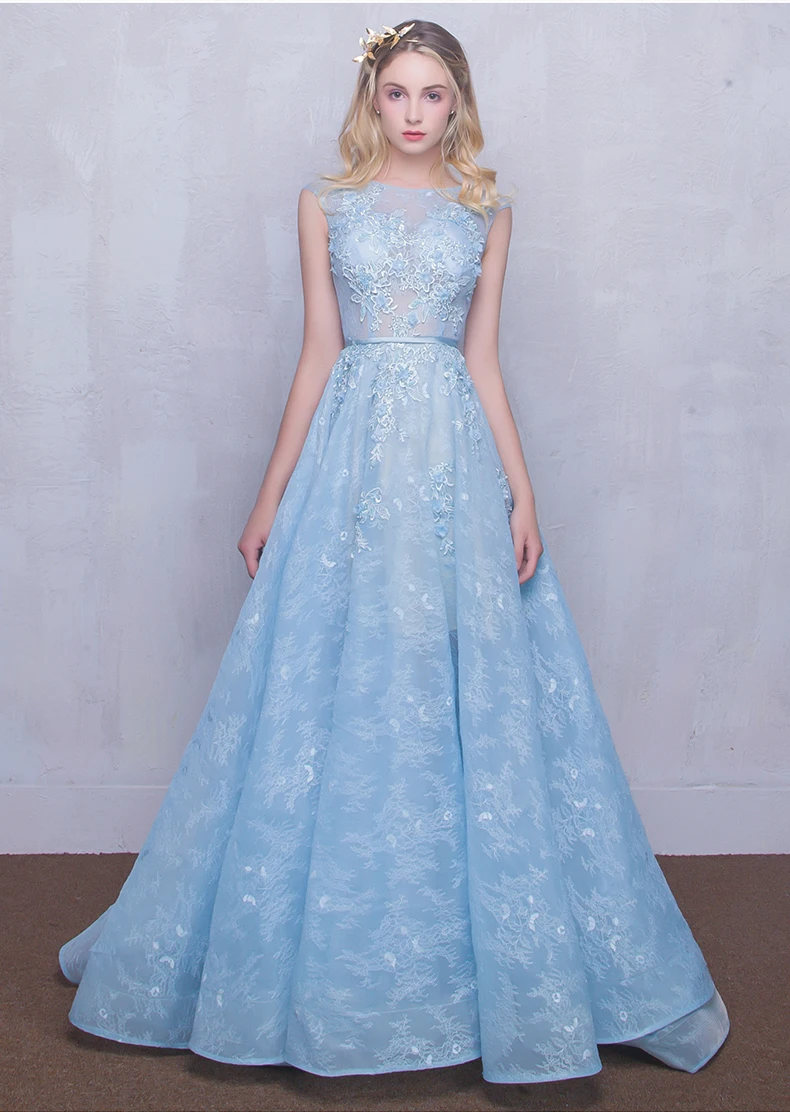 Real Light  Blue  Lace Beaded Flowers Prom  Dress  for 