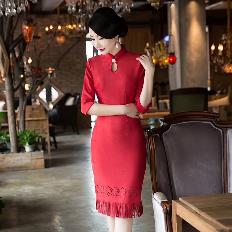 Шанхай история половина четверти рукав замши Ткань Китай Qipao платье старинные китайский Cheongsam по колено Oriental платье 6 Стиль