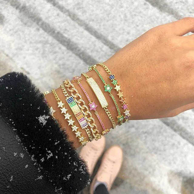 Радуга cz кубинские звенья цепи браслет для женщин золотой цвет Красочные Звезды Шарм нежная Мода элегантность Рождественский подарок ювелирные изделия