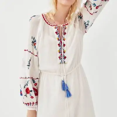 2018 za летнее Для женщин Европейский extoic Хлопок embroideried Цветочные кисточкой Макси