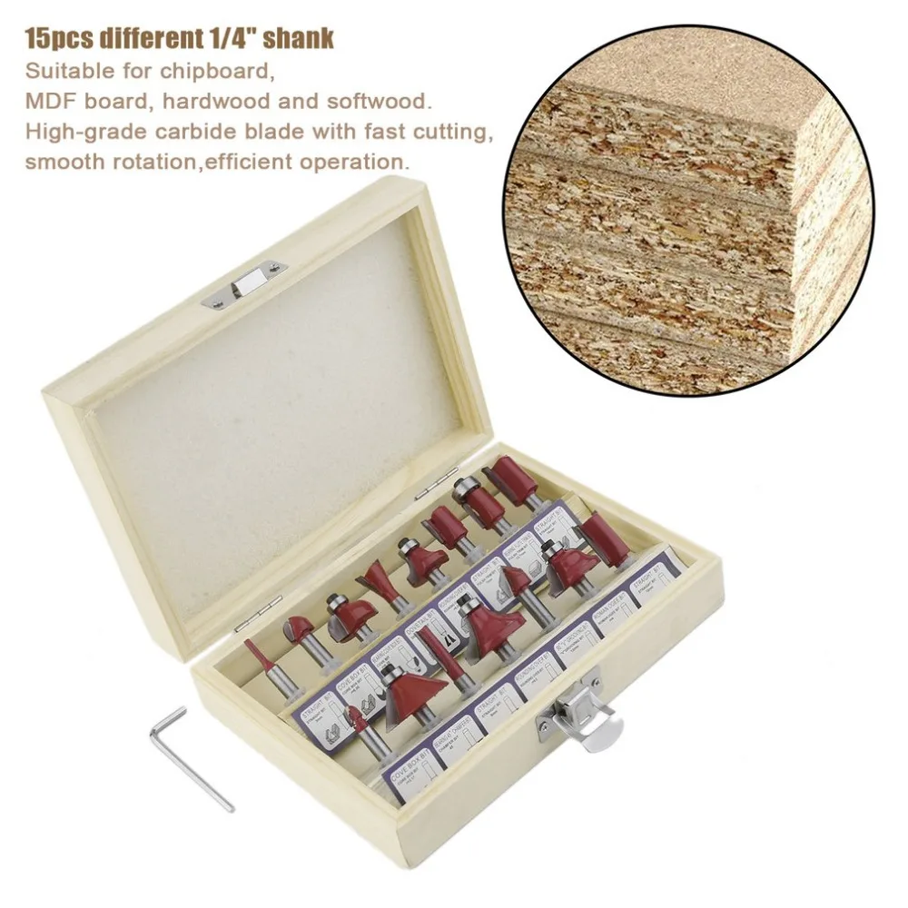1/4(6.35mm) 15pcs Carbide Shank Wood Router Set Woodworking Cutter Trimming Knife Forming Milling C
