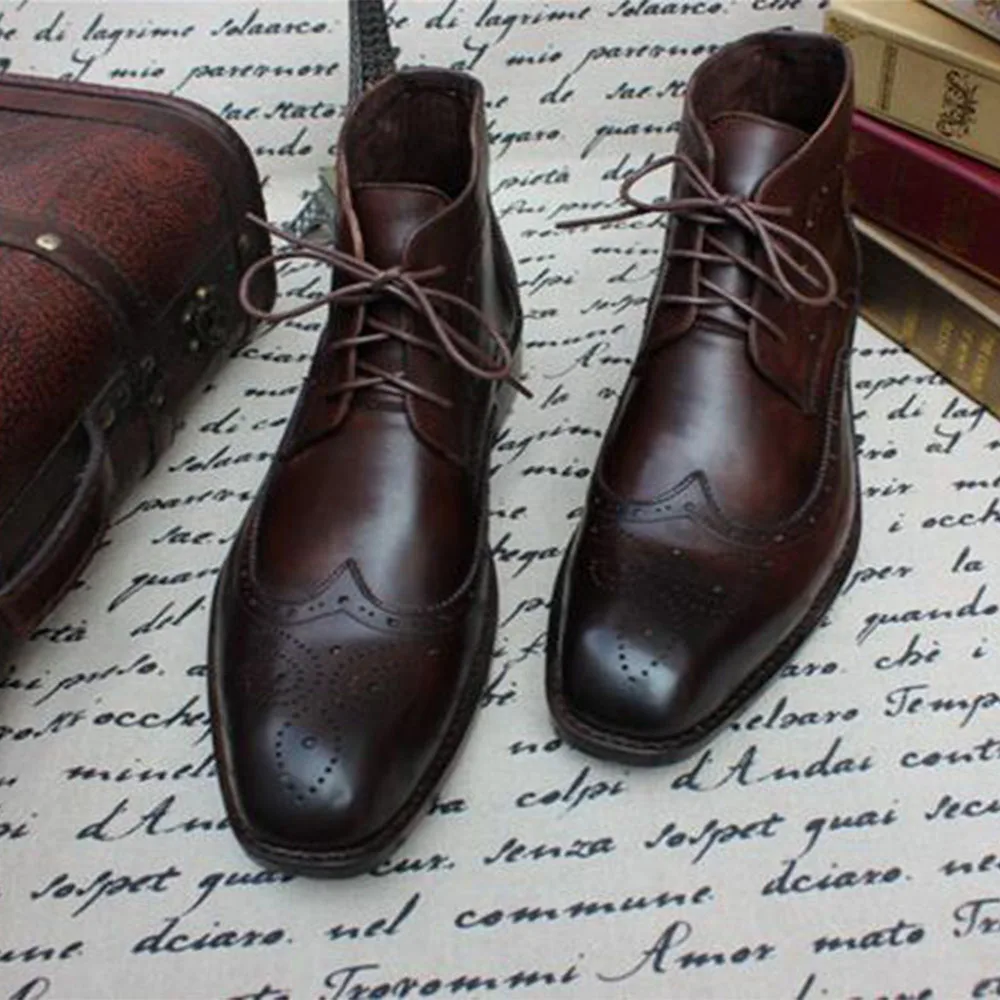 US $201.69 Sipriks Calf Leather Dark Brown Brogue Shoes Boots Mens Classic Lace Up Ankle Boot Square Toe Wingtip Casual Goodyear Welted