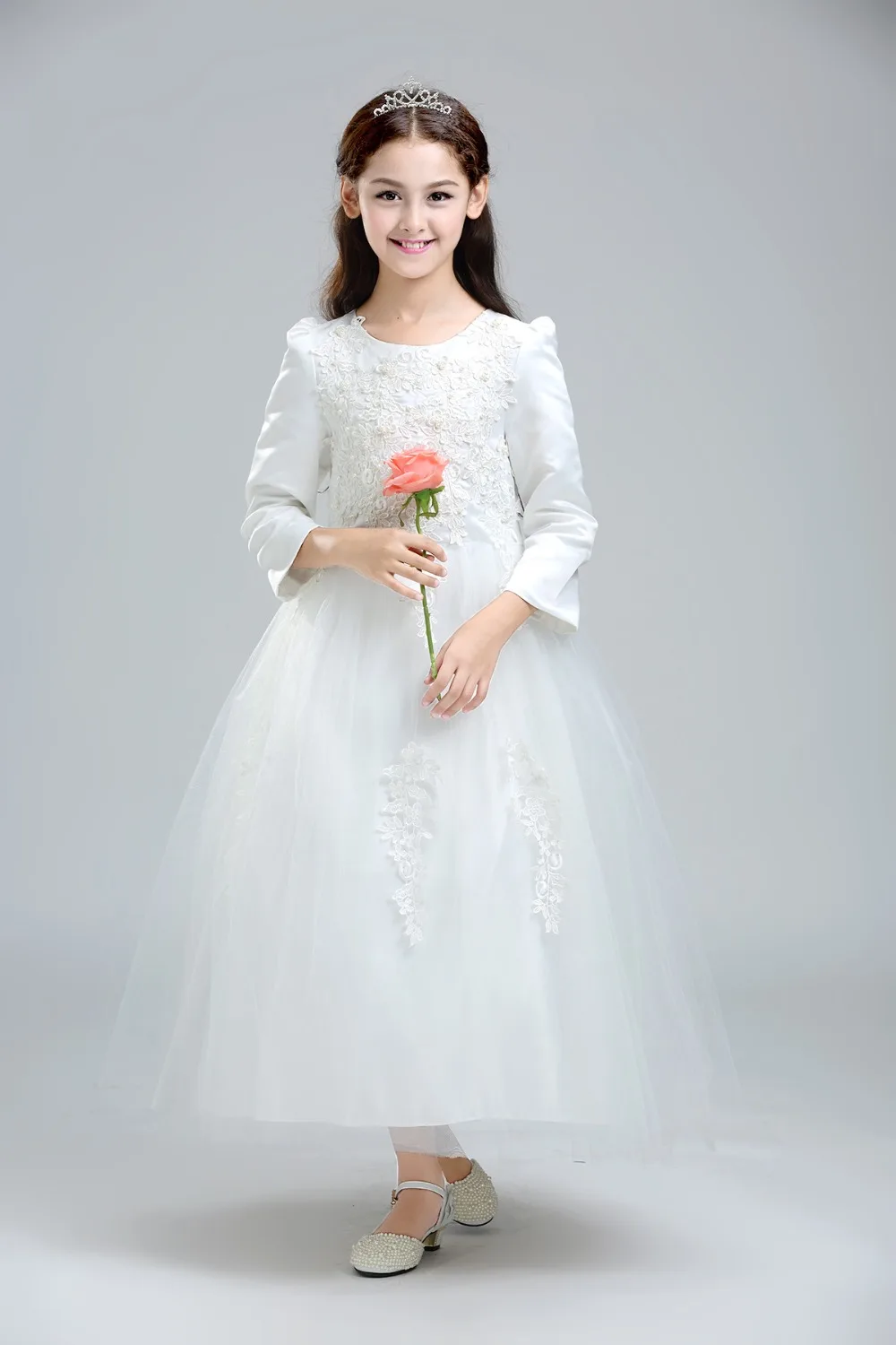 White Lace Children Wedding Dress For Teenage Long Sleeve Girls