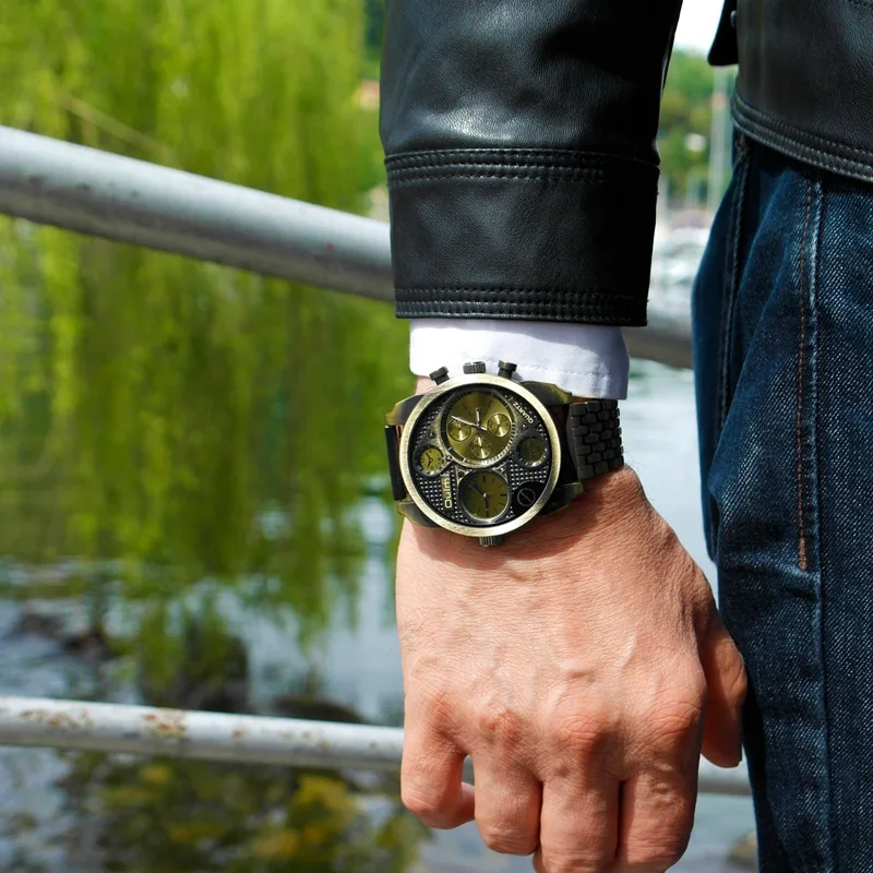 Oulm Unique Design Sports Watches Men Luxury Brand Two Time Zone Quartz Watch Large Big Dial Male Clock Military Wristwatch