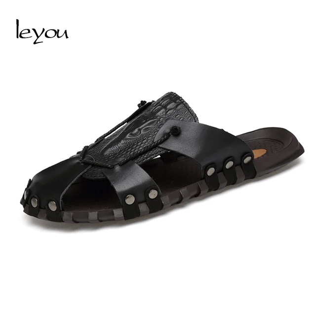 leyou men leather slippers summer flat sandals crocodile slippers