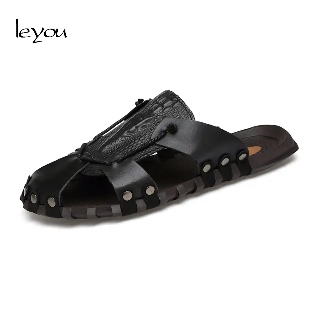 mens leather croc sandals