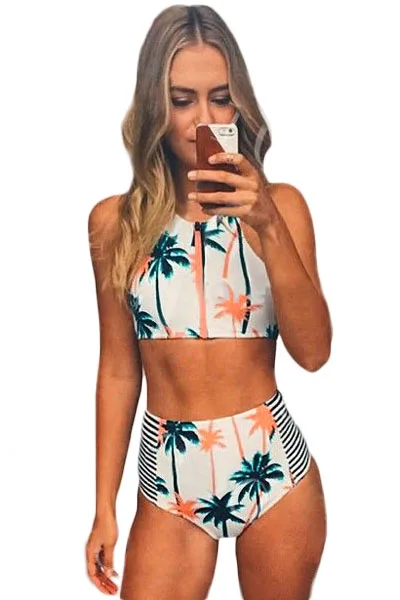 

Retro Beach Swimsuit Bathing Suit Swimsuit High Waist Bikini Swimwear Palm Tree Printed Stripe Tankini Crop Top Biquini