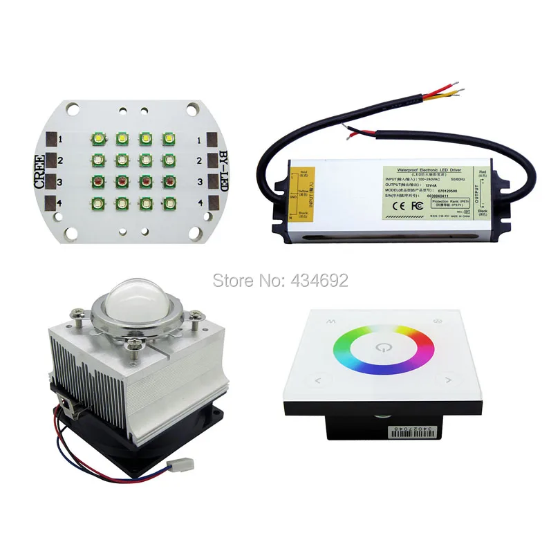 

Cree XP-E XPE RGBW Led Emitter Light + RGBW Dimmer D4 + 15V 4A Led Power Supply + 20W-30W Led Heatsink Fans With 45MM Led Lens