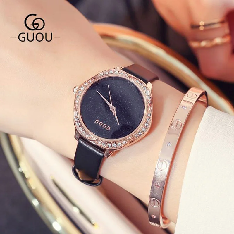 

GUOU 2018 New Ladies Watch Luxury Women Watch Starry Sky Fashion Genuine Leather Clock Female relogio feminino saat