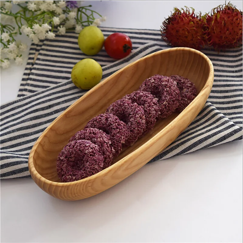 Hot Japanese Oval Cake Dish Solid Wooden Boat Shaped Plate Eco Friendly Wooden Tableware Home Restaurant