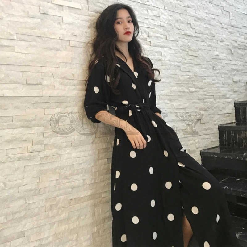 

CUERLY Summer Women's Dress Korean Style Fashion V-neck Ladies Long Dress Casual Half Sleeve Dot Dress Female New 2019