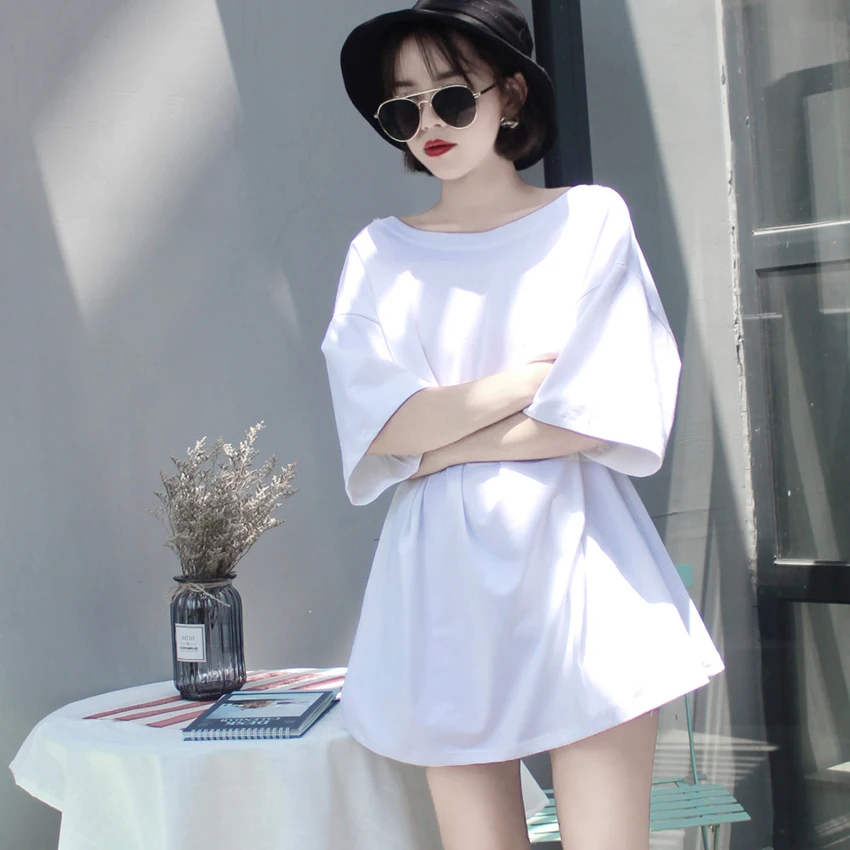 Harajuku хлопковая Футболка Для женщин с коротким рукавом, с вырезом на спине Повседневное длинная футболка Минималистичная, черно-белая футболки Femme плюс Размеры