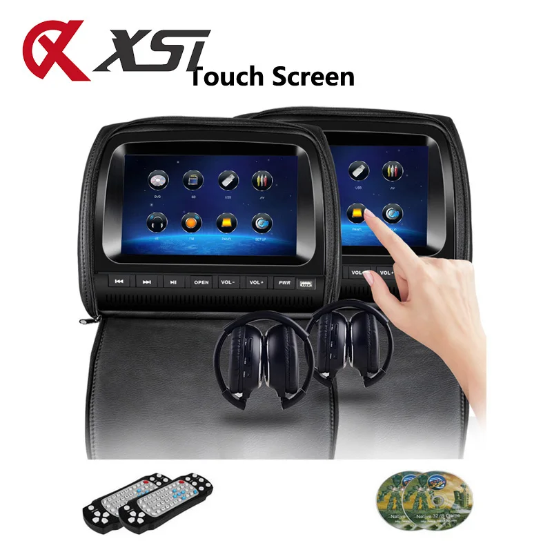 

XST 2PCS 9 Inch Touch Screen Car Headrest Monitor DVD Video Player Zipper Cover TFT LCD IR/FM Transmitter/USB/SD/Speaker/Game