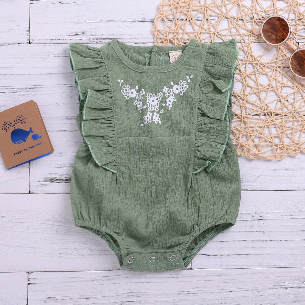 

Newborn Girls Clothes Embroideried Ruffled Floral linen Romper ribbed baby clothes roupa menina bebek tulum summer baby clothes