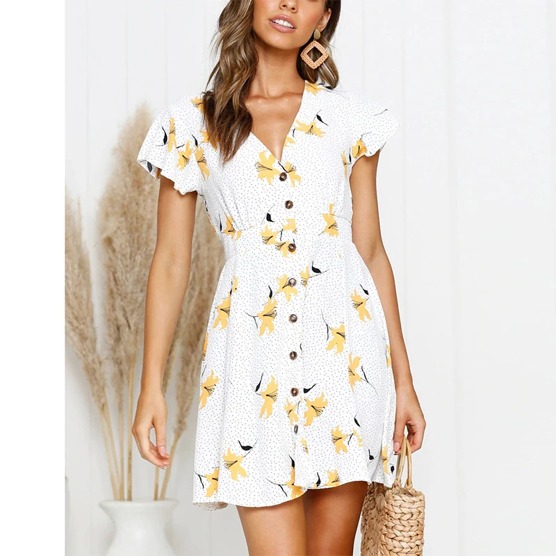 

Summer Floral Dot Shirt Dress Women 2019 White Short Sleeve Boho Beach Dress Vestidos Sexy V-Neck Button Mini Dresses Robe Femme