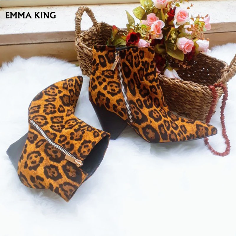 

New Beige Leather Ankle Boots Calf Hair Sexy Leopard Booties Mid High Pointed-Block Heels Pointed Toe Side Zip Wedges ShoesWoman